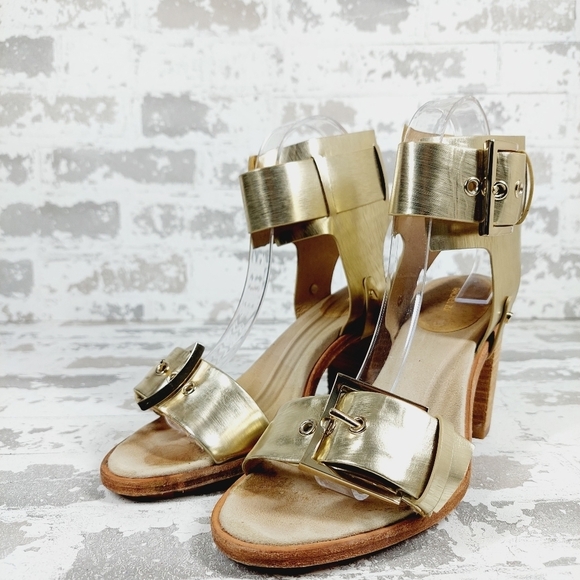 Rachel Zoe Gold Big Buckle Details Ankle Strap Heeled Sandals M135 - Picture 2 of 13